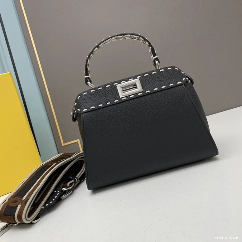 Vintage HOT Black Peekaboo In Iconic Calf Bag Mini Leather Stitching Fendi 0710